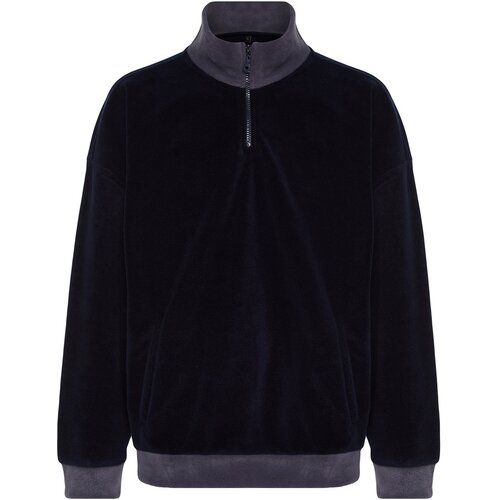 Trendyol Navy Blue Men's Oversize/Wide Fit Zipper Stand-Up Collar Color-blocking Pockets Thick Fleece/Plush Sweatshirt. Slike