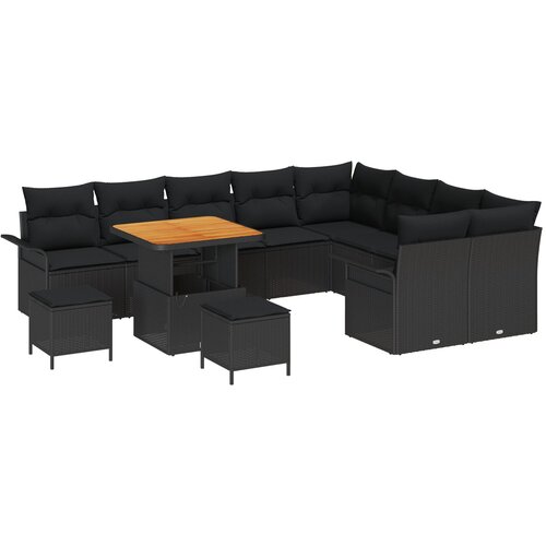 VidaXL set vrtnih kauča od 12 dijelova s jastučićima crni poli rattan akacija, dvosed vrtni kauč s spremnikom i jastučićima crni poli rattan, set od 3 komada vrtne blagovaonice s jastučićima crni poli rattan akacija Slike
