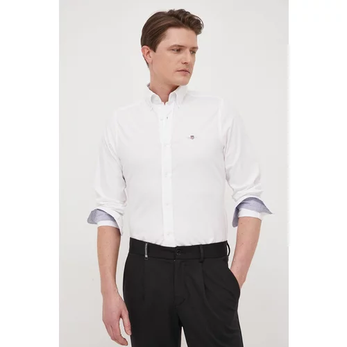 Gant Pamučna košulja za muškarce, boja: bijela, slim, o button-down ovratnikom