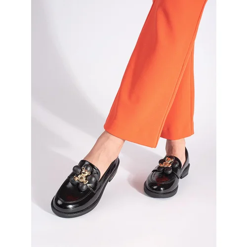 Shelvt Black patent leather women's loafers with teddy bear