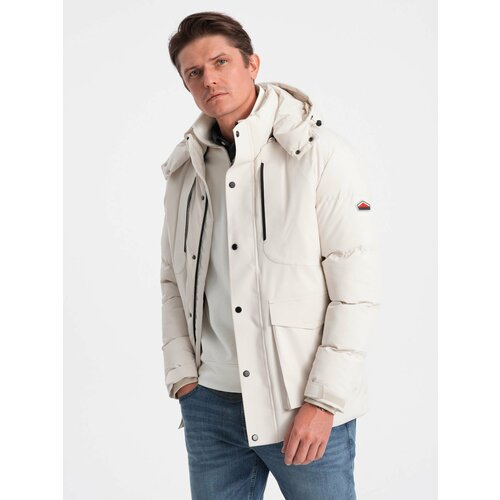 Ombre Men's winter jacket with detachable hood and cargo pockets - cream Cene