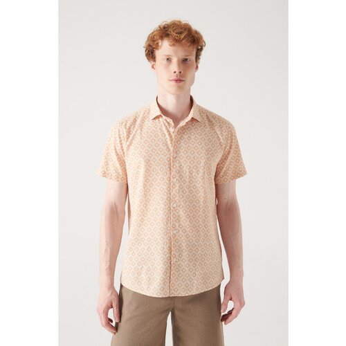 Avva Men's Orange Geometric Printed Short Sleeve Cotton Shirt Cene