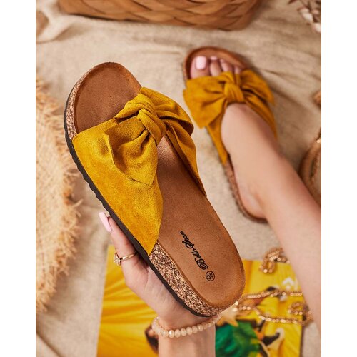 Resti Royalfashion Mustard women's eco-suede flip-flops with bow Maqelia Cene