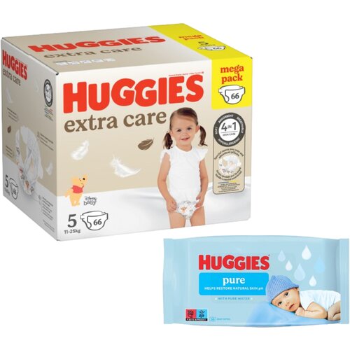 Huggies Pelene Extra Care Box 5, 11-25kg, 66 komada+Vlažne maramice Pure, 56 komada Slike