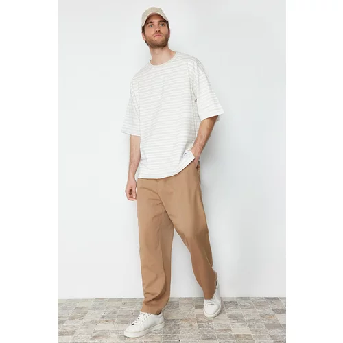 Trendyol Ecru Men's Oversize/Wide Cut Striped Label Short Sleeve Textured T-Shirt