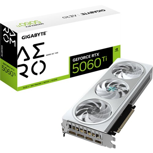 Gigabyte GeForce RTX 5060 Ti AERO OC 16G Graphics Card - 16GB GDDR7, 128bit, PCI-E 5.0, 2647MHz Core Clock, 3 x DisplayPort, 1 x HDMI, GV-N506TAERO OC-16GD Slike