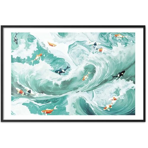  Plakat - Fish and Waves 42x29.7 Crni okvir s margom Cene