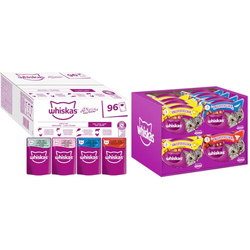 JUMBO pakiranje Whiskas vrečke 96 x 85 g + Whiskas Snacks 16 x 60 g po posebni ceni!  - Duo vrečke: Surf & Turf v želeju + Whiskas Snacks Cijene
