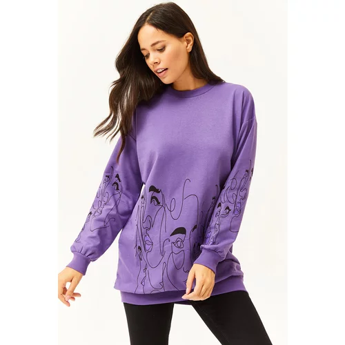 Olalook Women's Purple Face Figured Oversize Sweatshirt