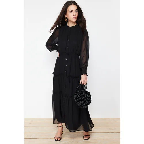 Trendyol Black Sleeves and Waist Gipe Detail Lined Chiffon Woven Shirt Dress