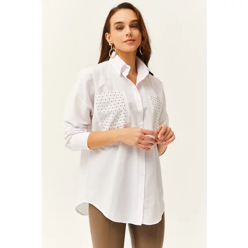 Olalook Women's White Pocket Staple Detailed Oversize Shirt