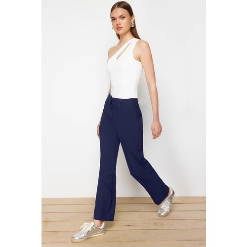 Trendyol Navy Blue Ribbed High Waist Straight/Straight Fit Woven Trousers