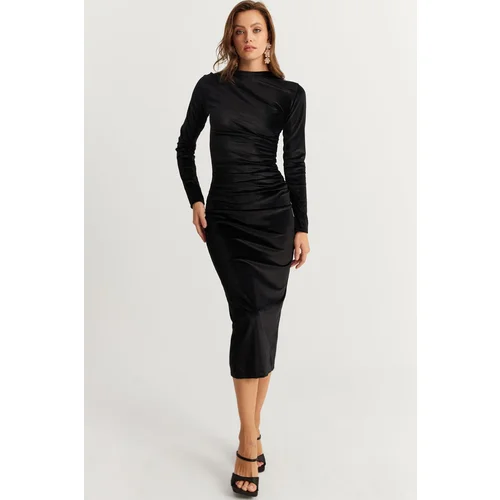 Cool & Sexy Women's Black Draped Midi Dress