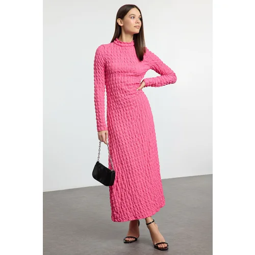 Trendyol Fuchsia Plain Textured Stand Collar A-Line Flexible Maxi Knit Dress