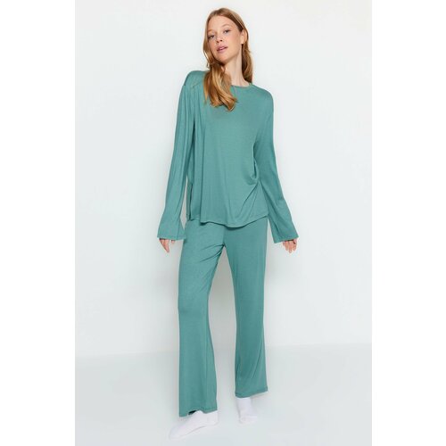 Trendyol Mint Knitted T-shirt-Pants Pajama Set Mint*003 Plain Slit Viscose Single Jersey Knitted Pajamas Set. Slike