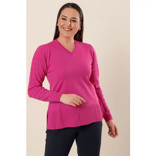 By Saygı V-neck Acrylic Sweater with Patterned Sleeves and Slits in the Sides Plus Size Plus Size Sweater Fuchsia