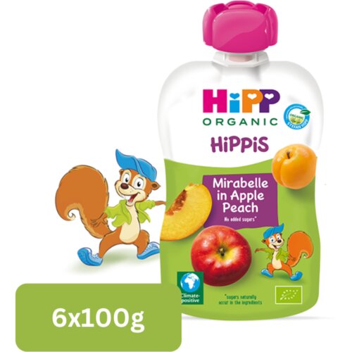 Hipp Voćni pire za decu Jabuka sa Mirabel šljivom i breskvom, 100g, 6 komada Slike