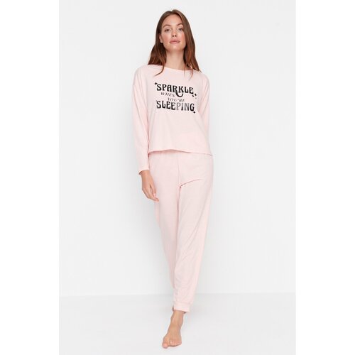 Trendyol Soft Pink Slogan Printed Elastic Leg Knitted Pajamas Set Slike