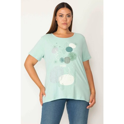 Şans Women's Plus Size Green Cotton Fabric Front Printed Short Sleeve Blouse Slike
