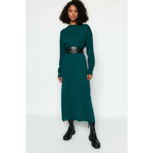 Trendyol Dark Green Corsage Knitwear Dress With A Belt