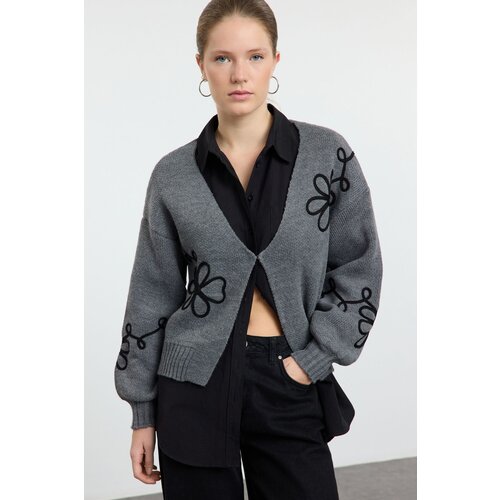 Trendyol Anthracite Embroidery Detailed V Neck Knitwear Cardigan Slike