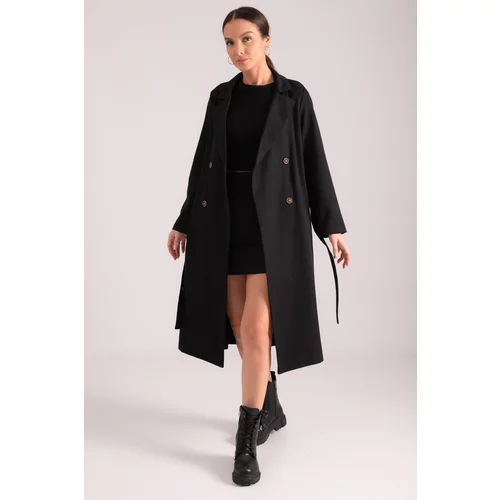 armonika Women's Black Double Breasted Collar Waist Belted Long Trench Coat with Pocket