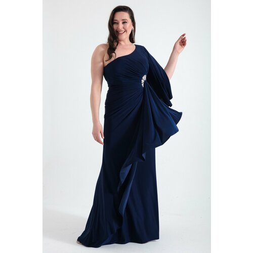 Lafaba Women's Navy Blue One-Shoulder Stone Detailed Long Evening Dress Slike