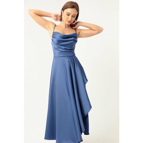 Lafaba Women's Indigo Ruffles and Slit Satin Midi Length Evening Dress &; Prom Dress. Slike