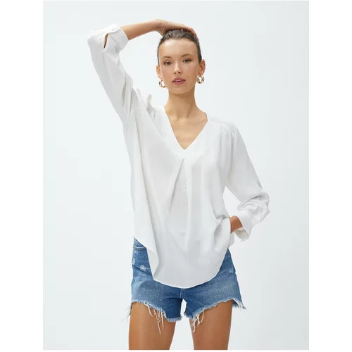 Koton V-Neck Viscose Blouse with Pleat Detailed