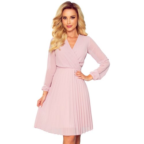 Numoco Pleated dress with a neckline and long sleeves Slike