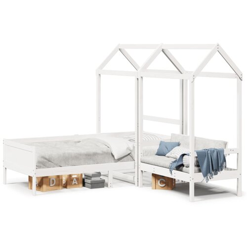VidaXL Dnevna postelja s klopjo in streho bela 90x190cm trdna borovina Slike