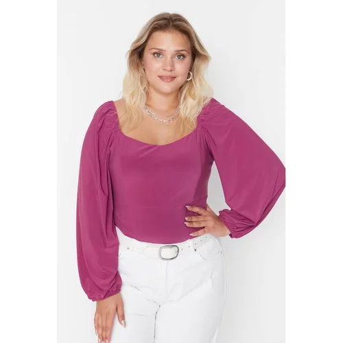 Trendyol Curve Fuchsia Square Neck Long Sleeve Knitted Blouse