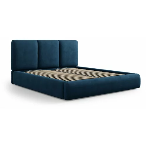 Mazzini Beds Temno modra oblazinjena zakonska postelja s prostorom za shranjevanje z letvenim dnom 200x200 cm Brody –