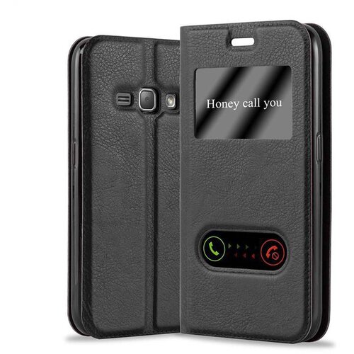 Cadorabo Ohi&scaron;je, združljivo z Samsung Galaxy J1 2015 v črni komet - Za&scaron;čitni ovitek z magnetnim zapiranjem, stoječo funkcijo in 2 okencema za gledanje, (20558741) Cene