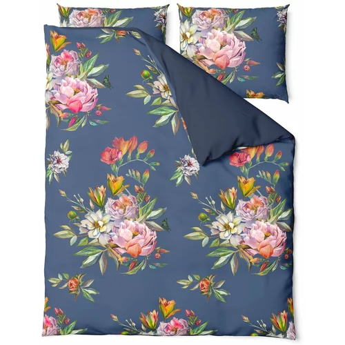 Bonami Selection Tamnoplava posteljina od pamučnoga satena za bračni krevet Floret, 200 x 200 cm