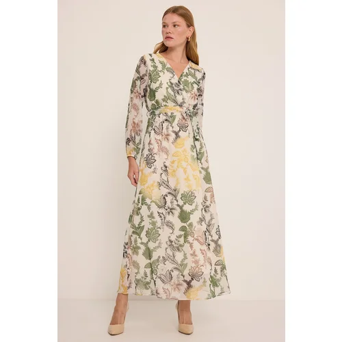 Bigdart Women&#39;s Green Yellow Floral Patterned Chiffon Dress 2134