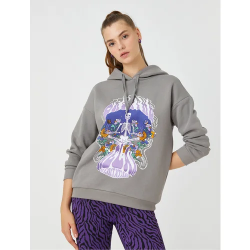 Koton Oversized Sweatshirt with a Printed Hoodie with Fleece Inside