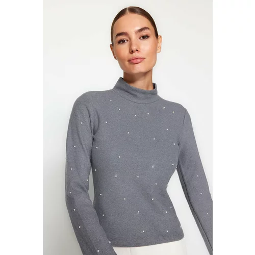 Trendyol Gray Standing Collar Pearl Detailed Regular Fit Thessaloniki Knitted Blouse