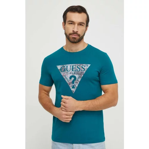 Guess Majica kratkih rukava za muškarce, boja: tirkizna, s tiskom