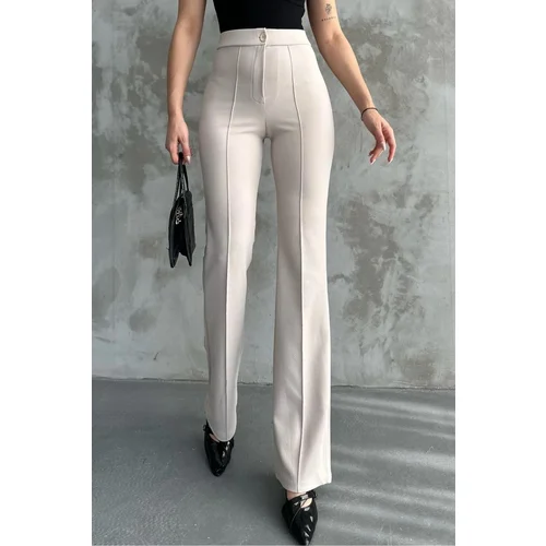 Dewberry 80272 Dewbery High Waist Slim Fit Wide Leg Pants-CREAM