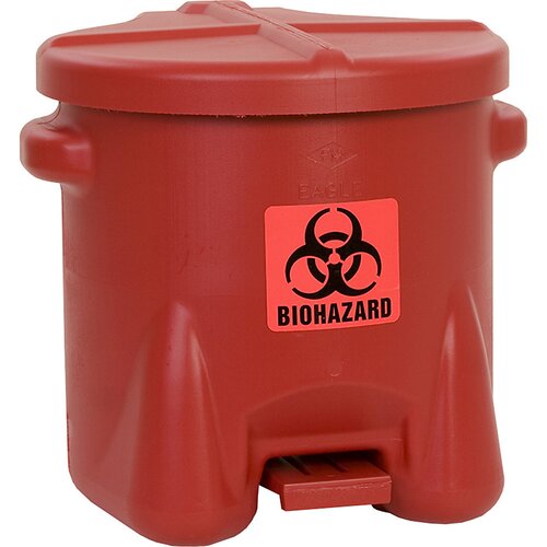 Justrite Varnostna PE-posoda za odstranjevanje biološko nevarnih odpadkov, nalepka za biološko nevarnost BIOHAZARD, prostornina 38 l, s pedalom, rdeče Cene