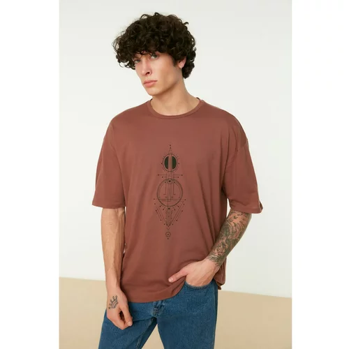 Trendyol Brown Men's Relaxed Fit Crew Neck Short Sleeve Printed T-Shirt