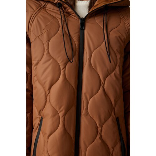  Women&amp;#039;s Brown Hooded Quilted Coat with Pockets Slike