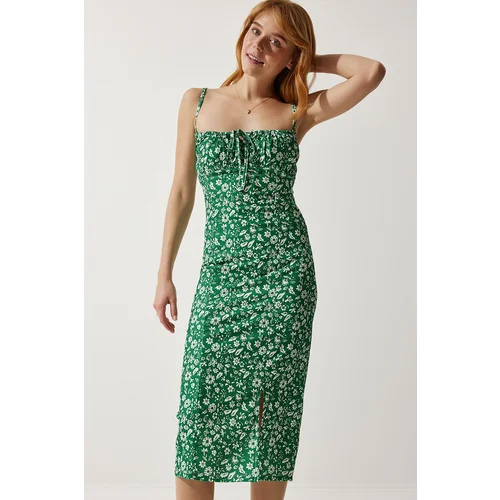  Women's Vibrant Green Floral Slit Summer Knitted Dress