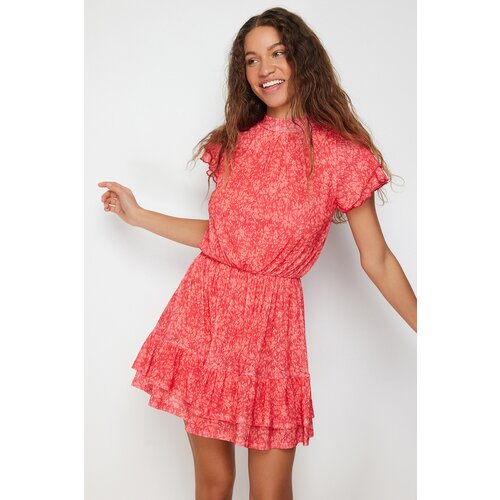 Trendyol Red Special Textured Skirt Ruffled Short Sleeve High Collar Flexible Knitted Mini Dress Slike