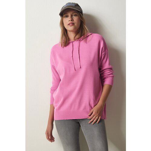 Happiness İstanbul Women's Pink Hooded Pocket Knitwear Sweater Slike