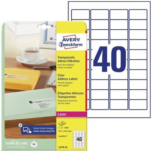 Avery Zweckform Transparentne etikete za po&amp;scaron;iljatelnjev naslov 45,7 x 25,4 mm Slike