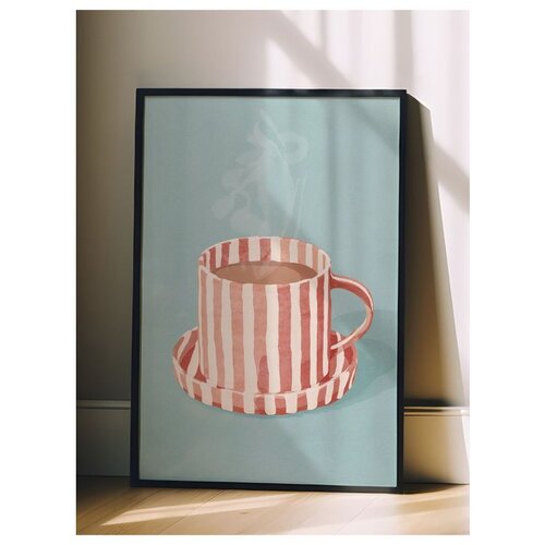 Wallxpert uramljena slika 115193, &amp;scaron;olja kafe sa crveno-belim prugama na tirkiznoj pozadini, 50 x 70 cm, crni ram Slike