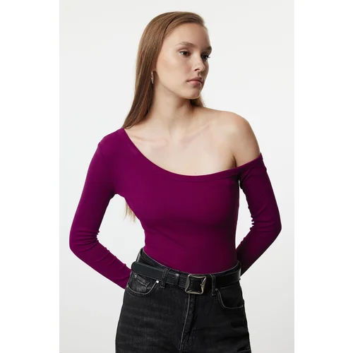 Trendyol Purple Fitted Off Shoulder Corded Cotton Stretch Knitted Blouse