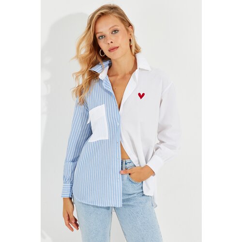 Cool & Sexy Women's White-Blue Striped Heart Shirt MIW1317 Cene